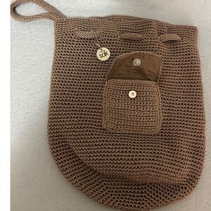 The Sak Crochet Backpack Brown Hand Made Drawstring Boho Shoulder Bag Small